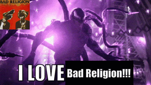 a poster that says i love bad religion with a picture of a monster