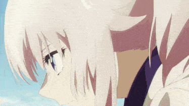 a close up of a person 's face with white hair and blue eyes