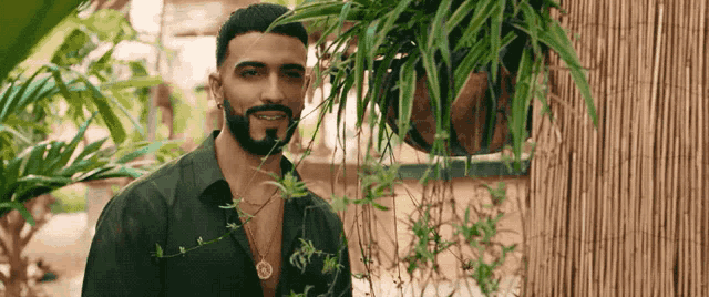 a man with a beard and a necklace is standing in front of a potted plant .
