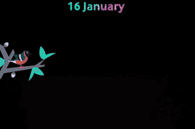 a bird is sitting on a tree branch with the date 16 january