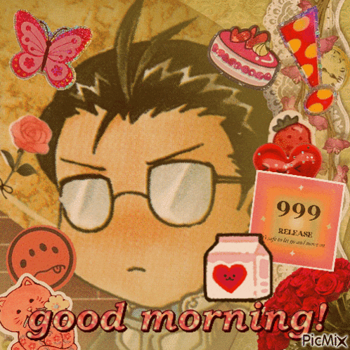 a picture of a boy with glasses and the words good morning on the bottom
