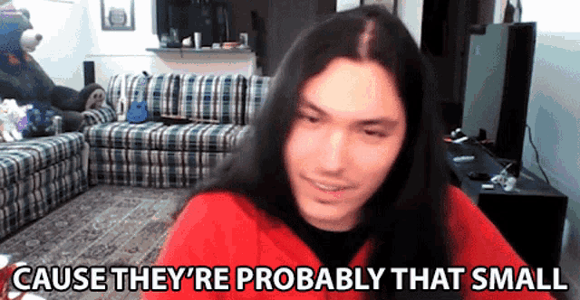 a man with long hair says cause they 're probably that small in front of a plaid couch