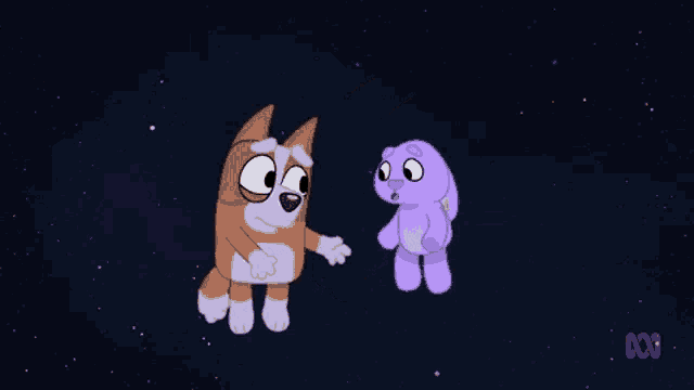 a dog and a rabbit are standing next to each other in space .