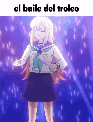 a girl in a school uniform is dancing with the words el baile del troleo above her