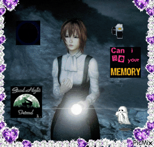 a picture of a woman holding a flashlight with the words " can i be your memory " at the bottom
