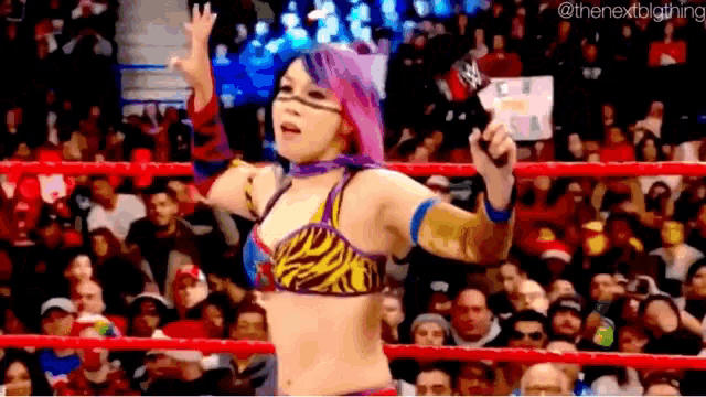 a woman in a wrestling ring with a sign that says the nextclothing on it