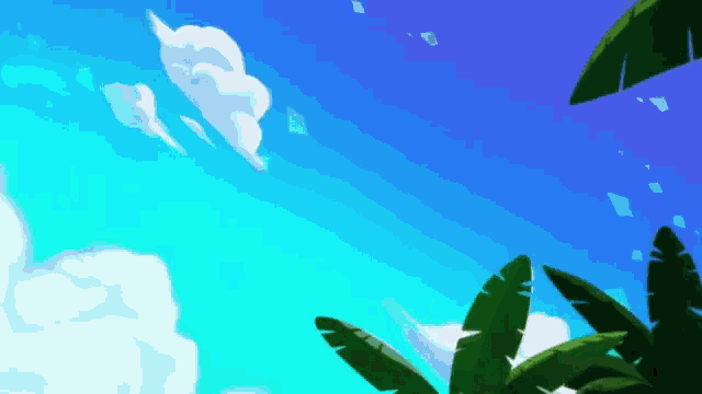 a cartoon drawing of a blue sky with clouds and palm trees