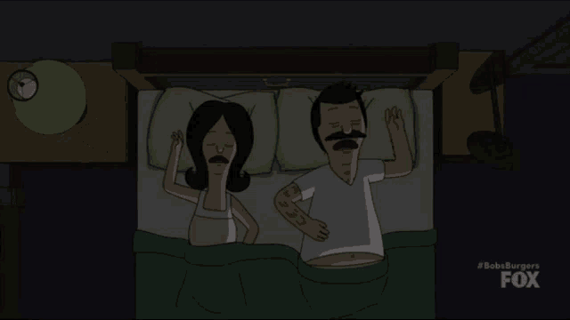 a cartoon of a man and a woman sleeping in a bed with the words bobs burgers fox on the bottom