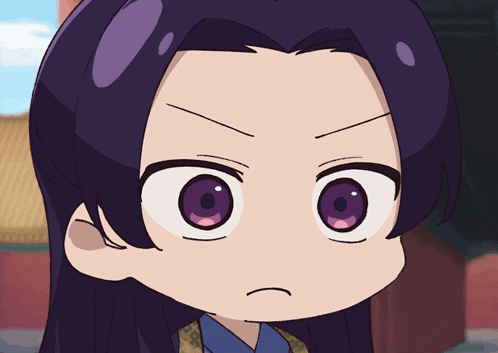 a close up of a cartoon character with purple hair and big eyes