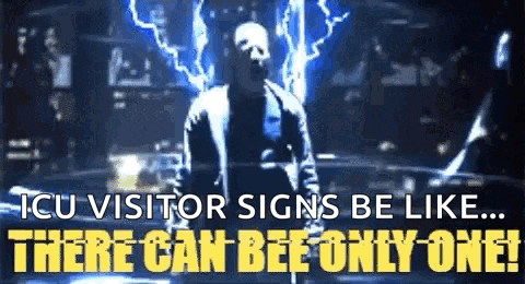 a man is standing in front of a lightning bolt with the words `` icu visitor signs be like there can be only one ''