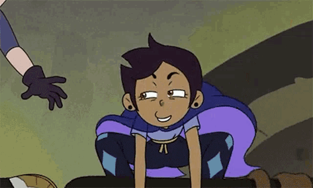 a cartoon character is holding a sword and smiling while sitting next to another character .