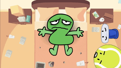 a green cartoon character is laying on a bed with a tennis ball in the foreground