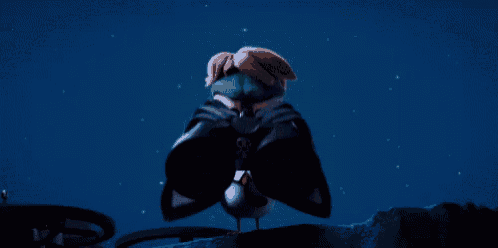 a cartoon character is looking through binoculars while a bird sits next to him
