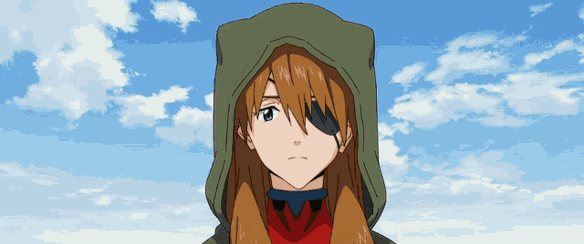 a girl with a hood on her head has an eye patch on her forehead