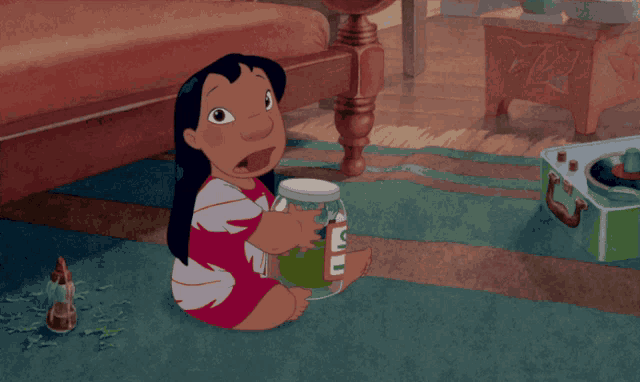 a cartoon girl is sitting on the floor holding a jar with a label that says ' u.s. ' on it