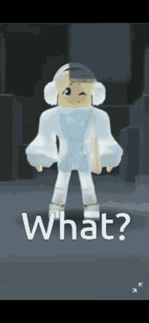 a girl in a white jacket and ear muffs is standing in a dark room and says what ?