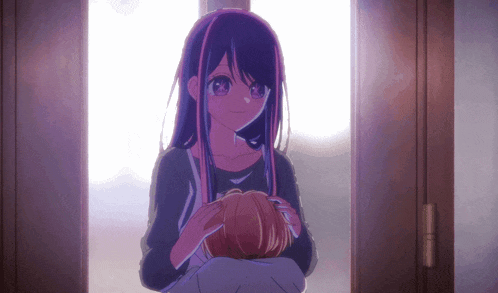 a girl with purple hair is holding another girl