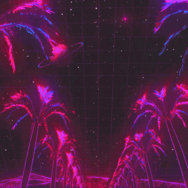 a grid with palm trees in the foreground and a starry sky in the background