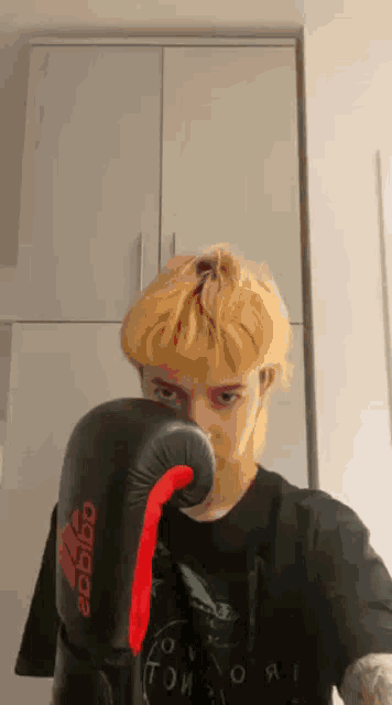 a person wearing boxing gloves that say adidas