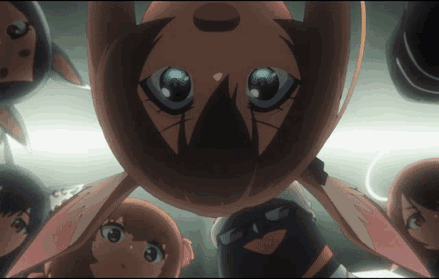 a group of cartoon characters are looking up at a girl with blue eyes