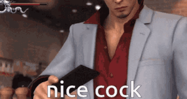 a man in a suit is holding a black wallet and says nice cock on the bottom
