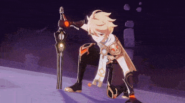 a cartoon character is holding a large sword
