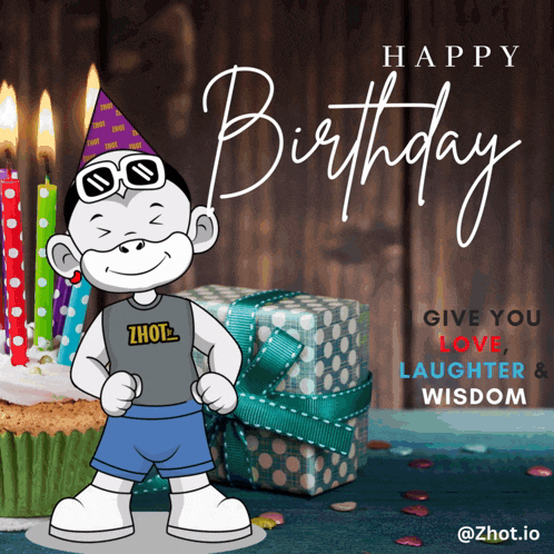 a happy birthday greeting card with a monkey wearing a party hat