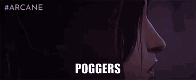 a close up of a person 's face with the words `` poggers '' written on the bottom .