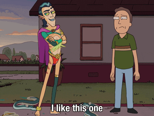 a cartoon character says " i like this one " in front of a house