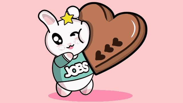 a cartoon bunny wearing a jobs shirt is holding a heart