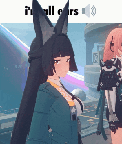 a picture of a girl with fox ears and the words " i 'm all ears " above her