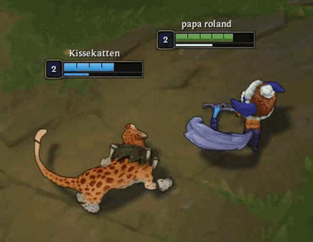 a leopard and a fox in a video game with papa roland in the upper left corner