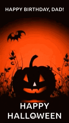 a halloween greeting card with a pumpkin and bats .