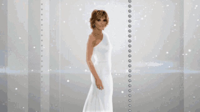 a woman in a white dress stands in front of a wall