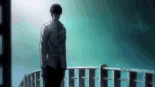 a man in a white shirt is standing on a bridge holding a gun