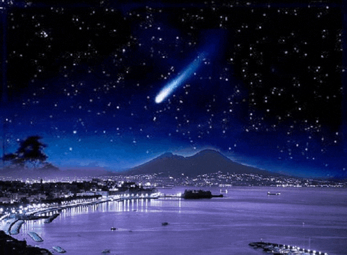 a night sky with a comets flying over a city