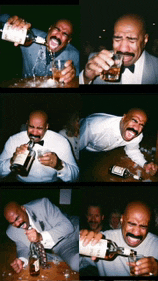 a man with a mustache is drinking from a bottle with a white label
