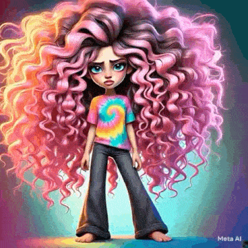 a cartoon girl with long pink curly hair wearing a tie dye shirt and jeans