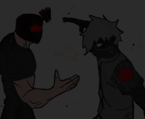a drawing of a man wearing a mask standing next to a man wearing a mask