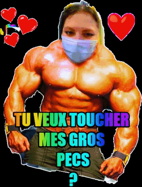 a cartoon of a woman wearing a face mask with the words tu veux toucher mes gros pecs