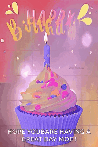 a birthday card with a cupcake with a lit candle on top of it .