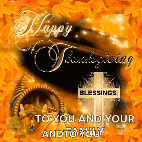 a thanksgiving card with a cross and a cornucopia