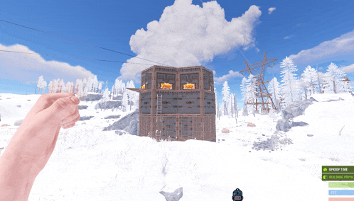 a person holding a gun in front of a building that says ' swamp lake ' on the bottom