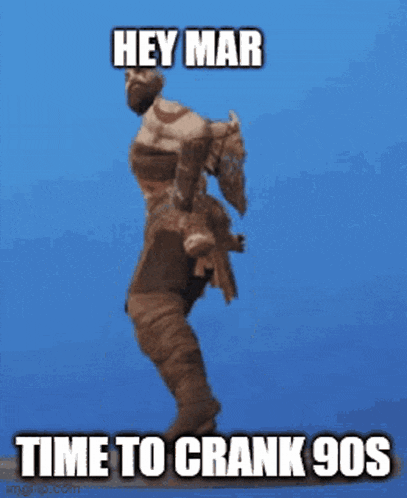 a video game character is dancing with the words hey mar time to crank 90s