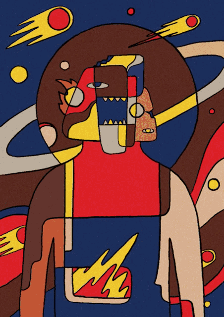 a colorful drawing of a man with a rocket in his mouth