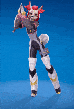 a cartoon character with red hair and white pants is standing in front of a blue background