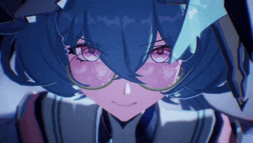 a close up of a blue haired anime girl with glasses
