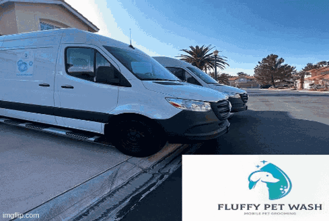three white vans are parked on the side of the road and the logo for fluffy pet wash