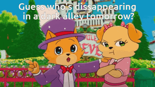 two cartoon characters are standing next to each other and one of them is pointing at the other