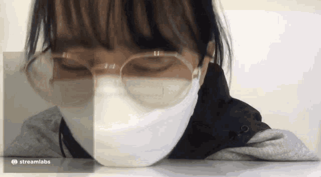 a woman wearing glasses and a face mask with a streamlabs logo behind her